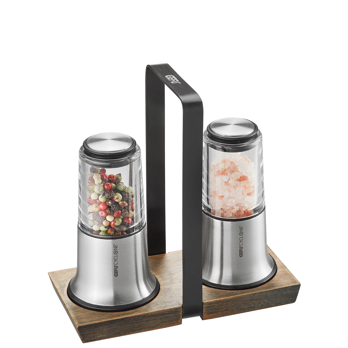 Salz- und Pfeffermühlen-Set X-PLOSION® Edelstahl inklusive Menage aus Akazienholz  Keramik-Mahlwerk,stufenlose Mahlgradeinstellung