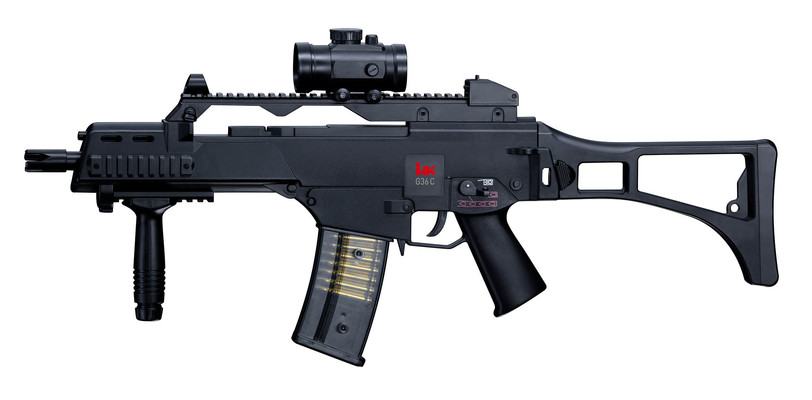 HK G36C, 6mm, AEG, 0,5Joule, Full-Auto,40 Schuss elektr., empf.BB´s 0,12-0,20g, incl.Akku&Ladegerät incl. Leuchtpunktvisier