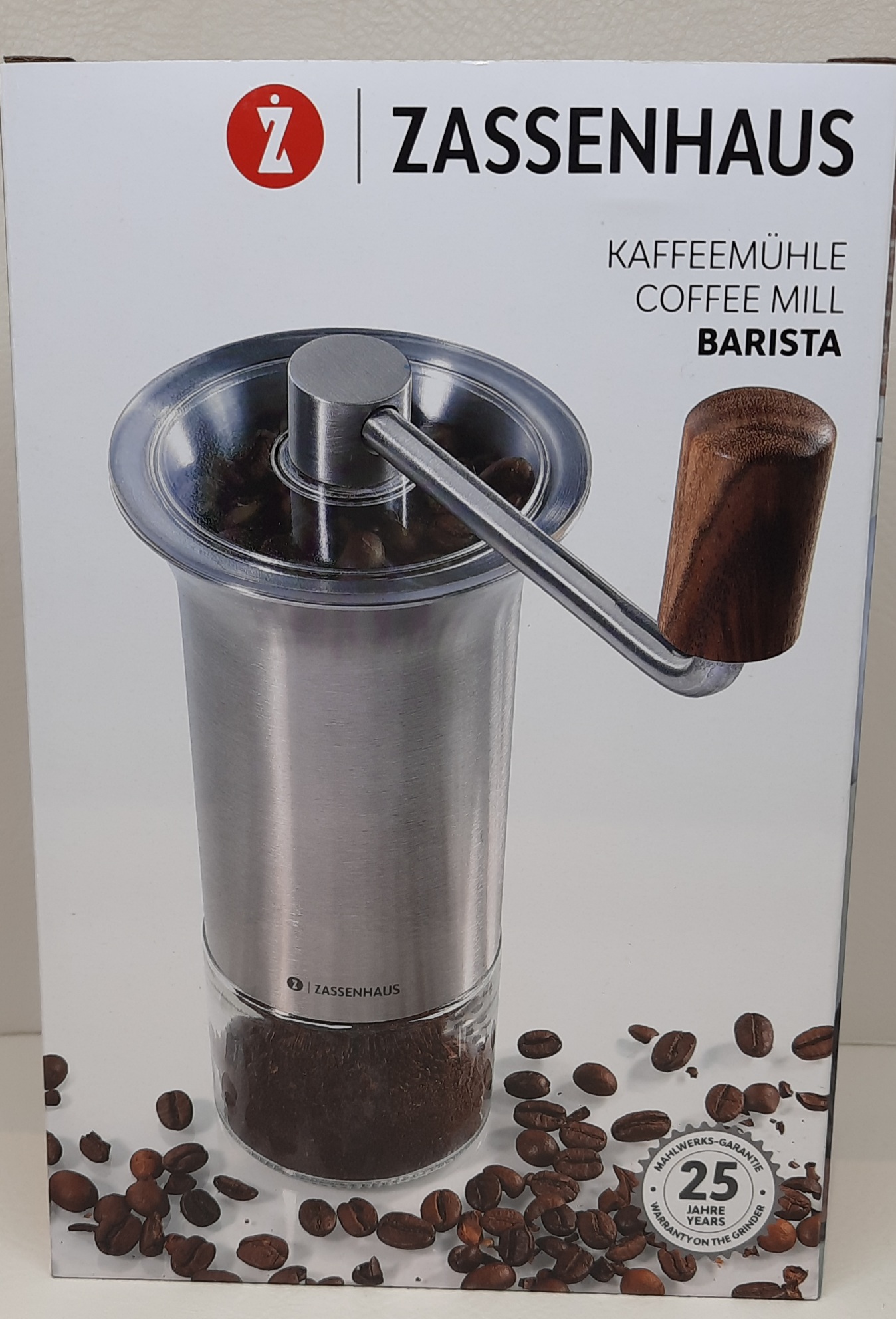 Kaffeemühle BARISTA manuell Bohnenbehälter aus Edelstahl (40 g) Auffangbehälter aus Glas,mit Reinigungspinsel