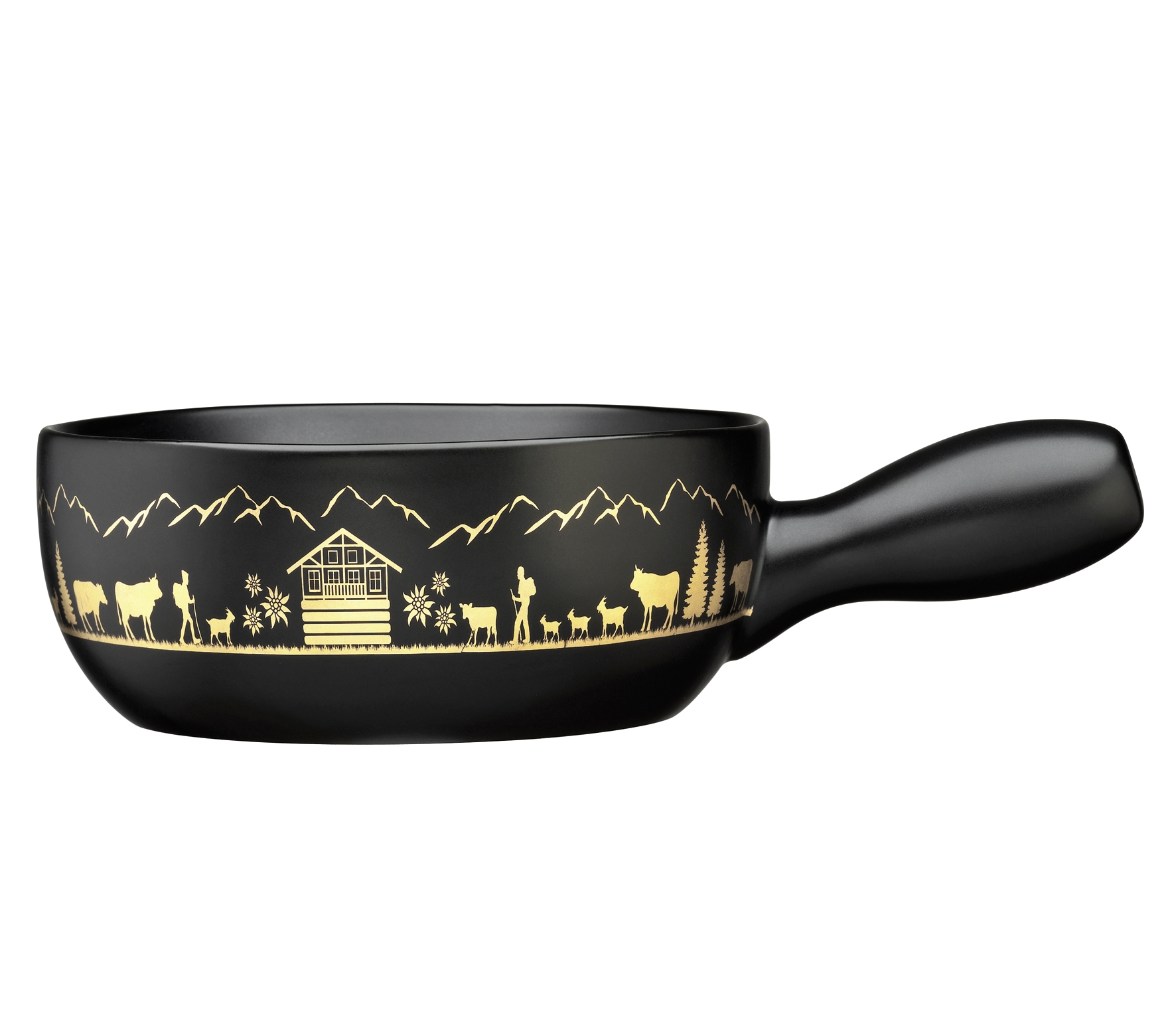 Fondue Caquelon MONTANA  schwarz-gold idyllische Alpenmotive  + solide Verarbeitung 