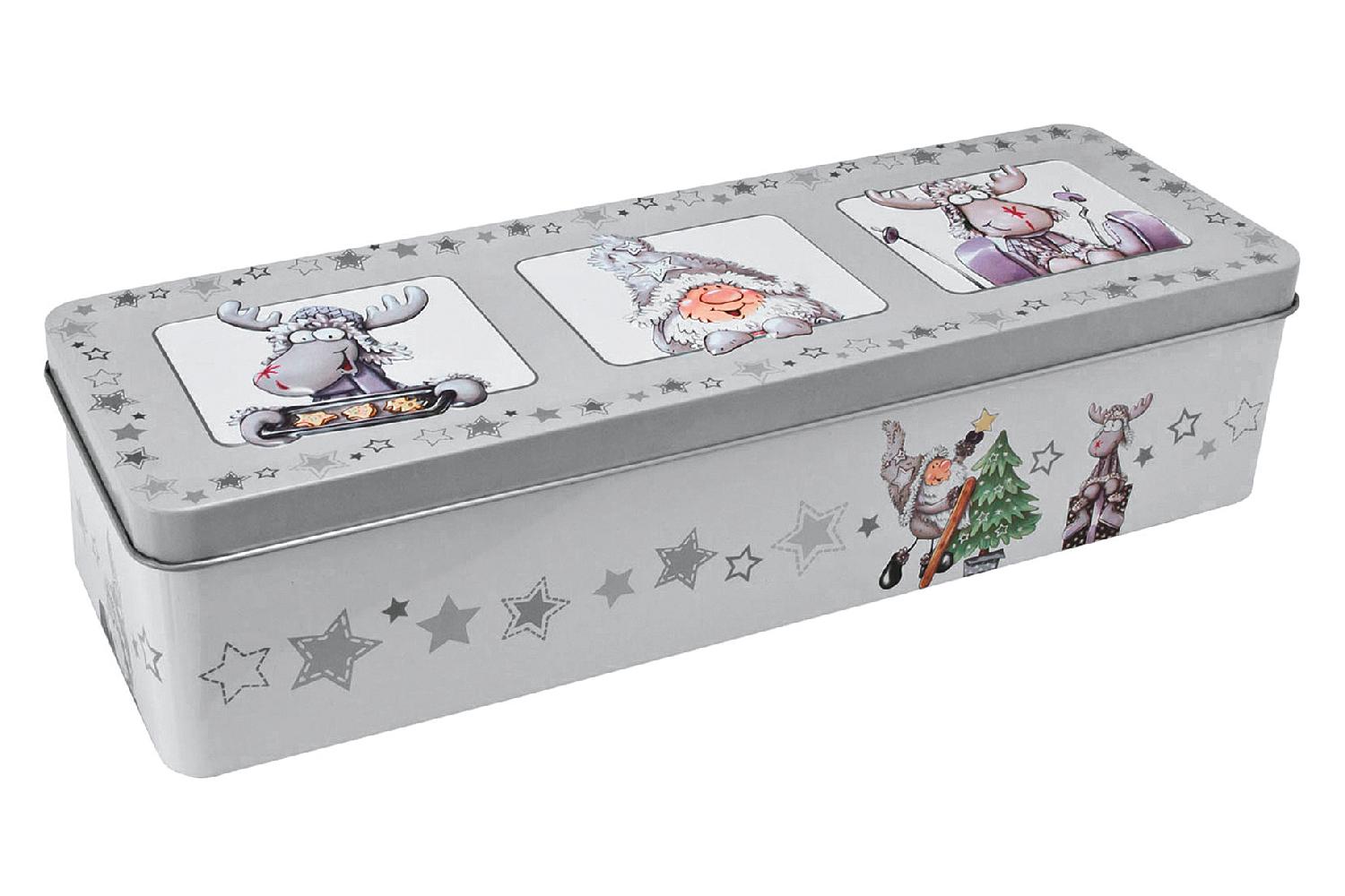Gebäckdose Weihnachtsmann und Rentier 29,5x10x6,9c Aluminium, mit lustigem Weihnachtsmotiv silberfarb 