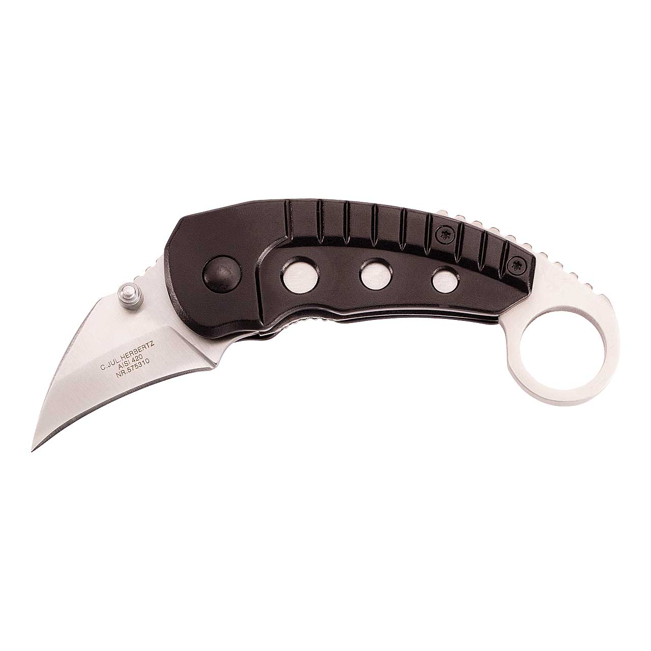 Mini Karambit Messer schwarz Klinge aus rostfreiem AISI 420 Stahl Schwarze Aluminium Griffschalen 