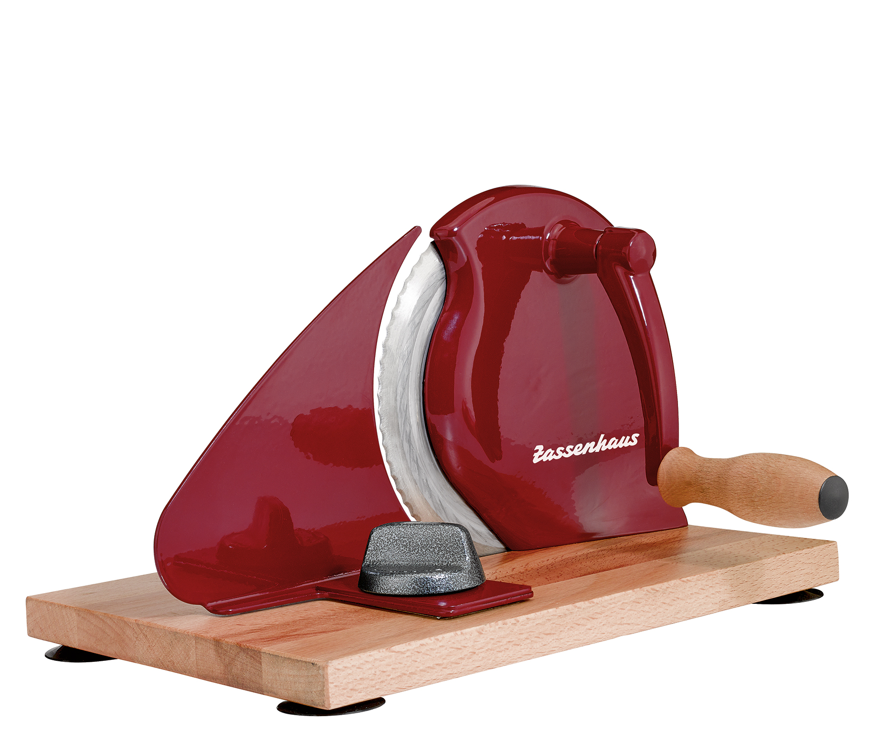 Brotschneidemaschine CLASSIC, rot Design mit Bodenplatte aus Buchenholz 