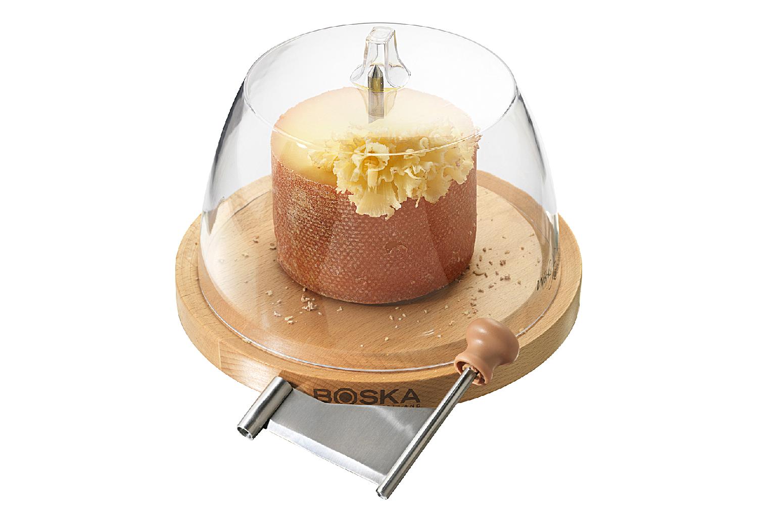 Käseschaber mit Glocke Amigo Platte/Buchenholz, Edelstahl-Messer, mit 5 Zapfen  im Sockel bleibt der Käse griffig liegen