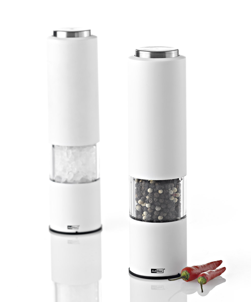 elektrische Salz-od.Pfeffermühle TROPICA weiß 21,5 Keramikmahlwerk verstellbar,mit LED-Licht Kunststoff,Edelstahl,Acryl, incl. Batterien