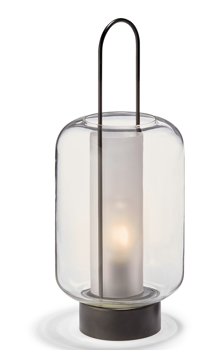 Laterne mit LED LUCIA schlank, lackiert,Glas H38 mundgeblasenes Glas,LED warm mit zwei AAA-Batterie 