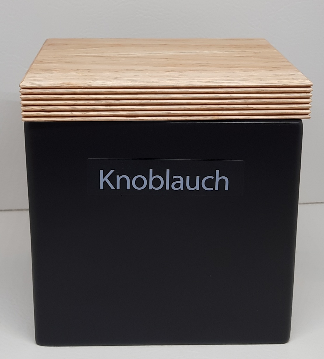Vorratsdose mit Holzdeckel, matt schwarz 14 x 12 x 15,5 cm, für Zwiebeln oder Knoblauch 