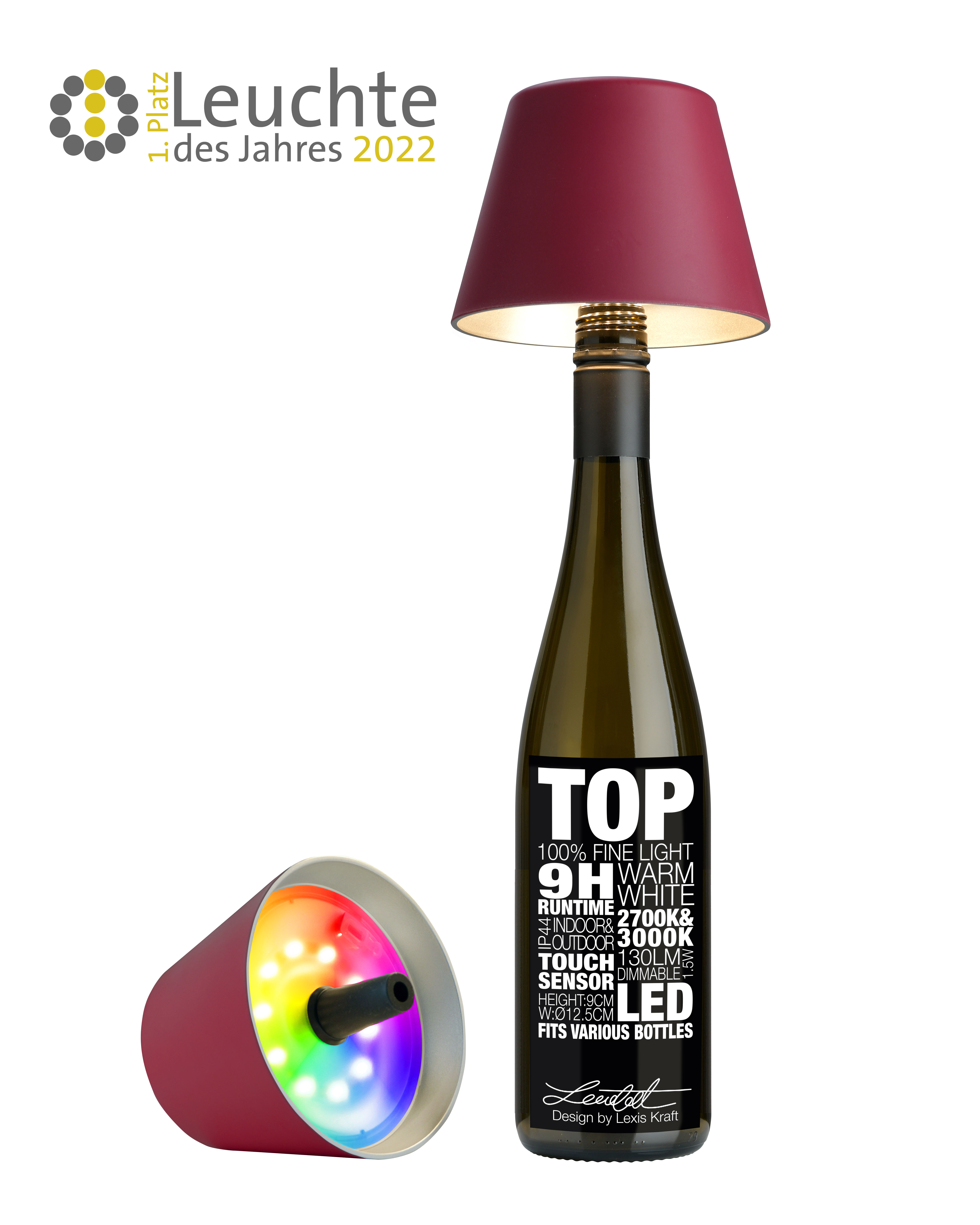 TOP 2.0 - BORDEAUX-Akku-Flaschenleuchte, Kunststoff, akkubetrieben, dimmbar, 12 Lichtfarben 