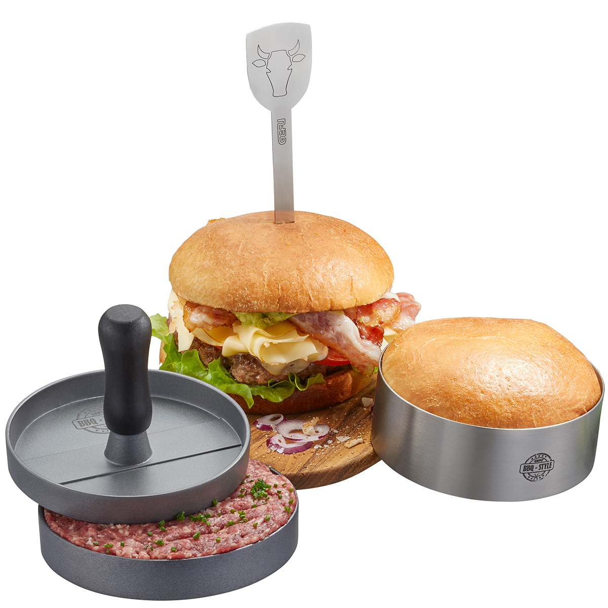 Burger-Set BBQ 3-teilig Burgerpresse für 120g, Burger-Ring, Burger-Spieß spülmaschinengeeignet