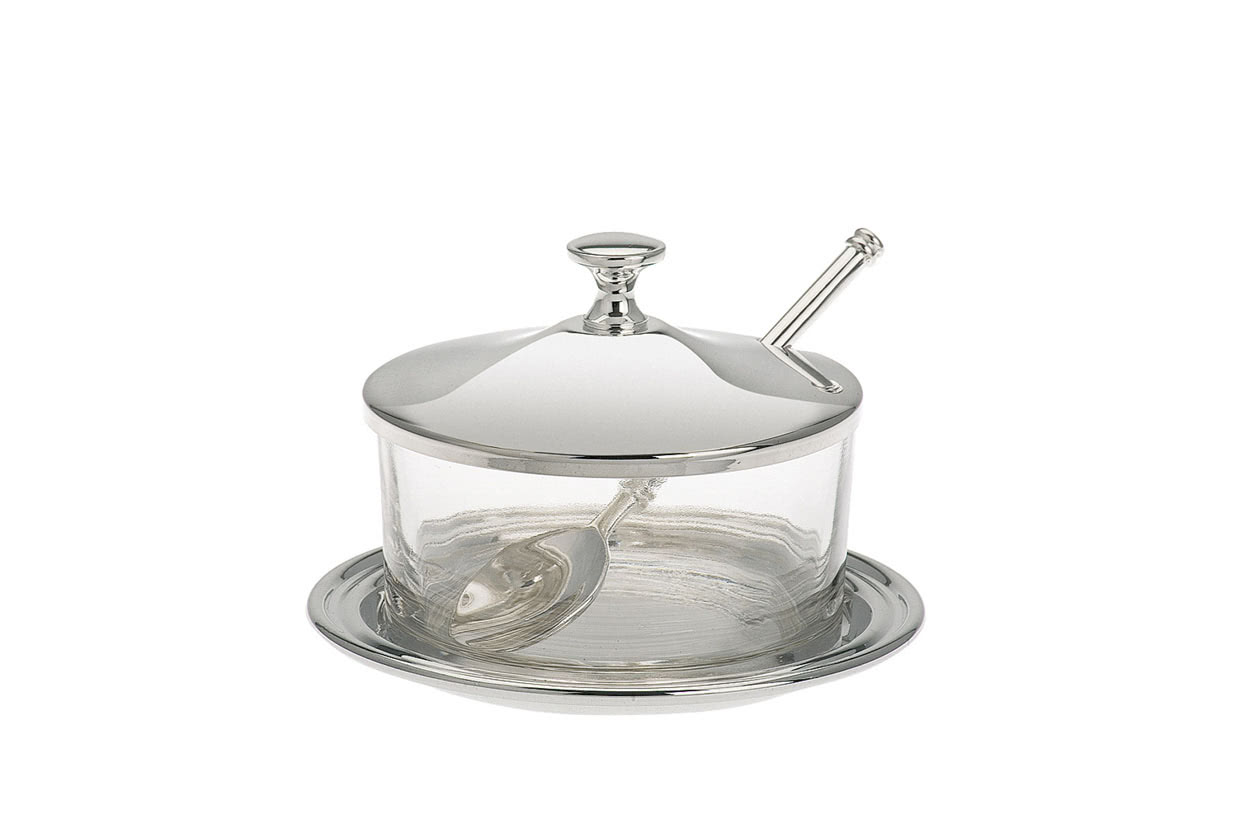Parmesan-/Marmeladenglas mit Löffel  versilbert,Höhe 6,0 cm, Ø 10,0 cm 