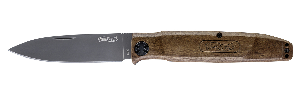 Walther BWK5  Blue Wood Knife, Klingenlänge 88mm klappbar, Pocket Clip, Lederetui,Walnussgriff 