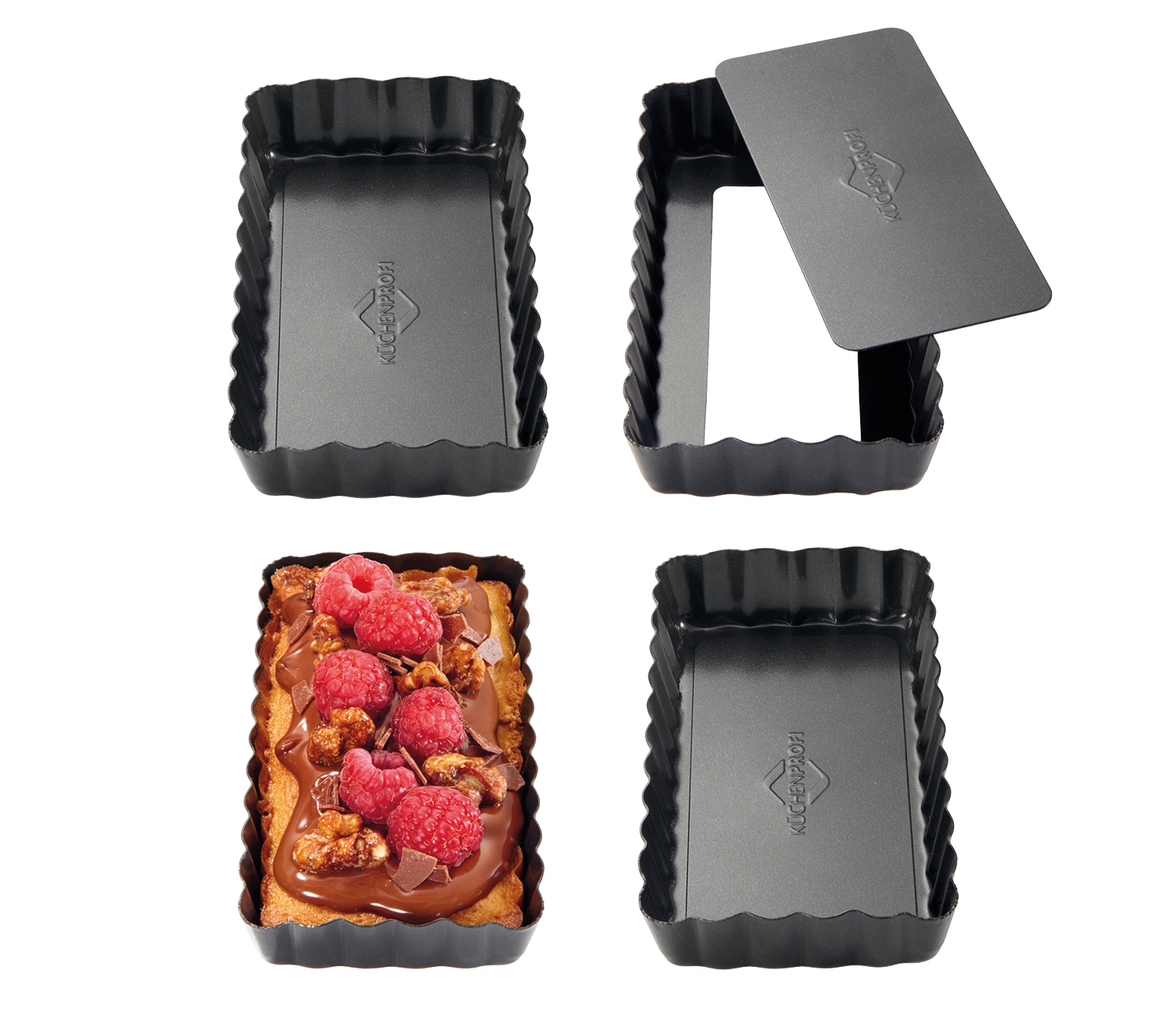 Tarteletteformen rechteckig, 4er Set BAKE MINI  auch für Obstkuchen  + Boden herausnehmbar 6x11cm Quiche Lorraine, Tarte Tatin, Erdbeertartelettes