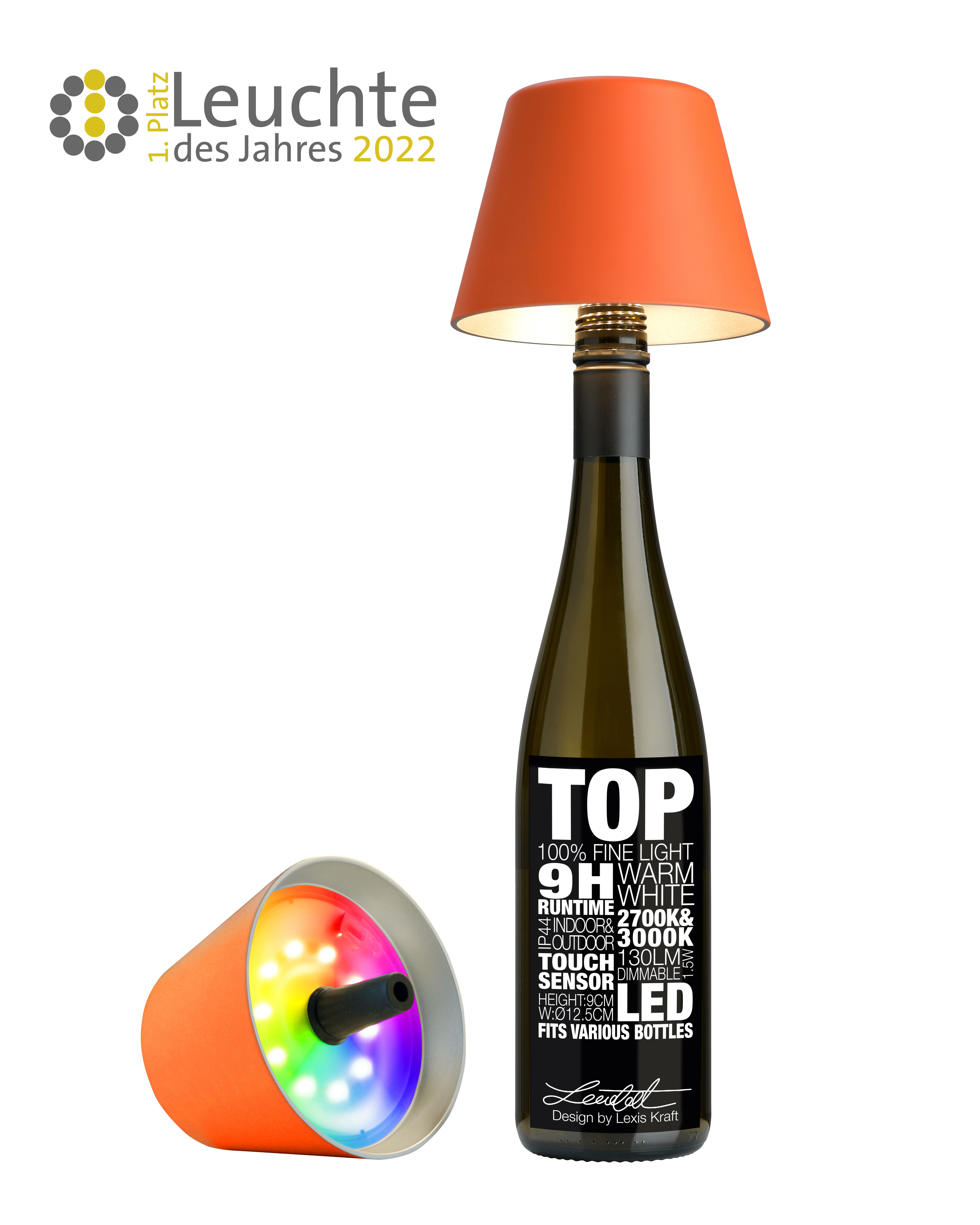 TOP 2.0 - ORANGE-Akku-Flaschenleuchte, Kunststoff, akkubetrieben, dimmbar, 12 Lichtfarben 