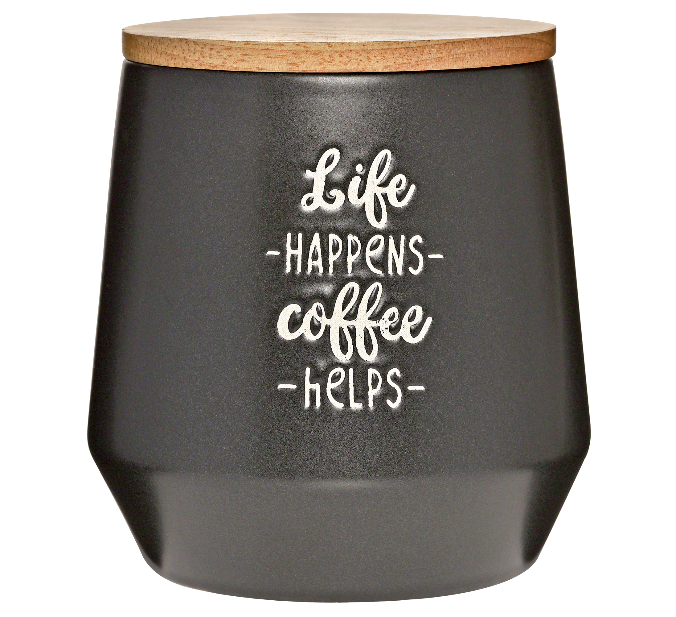 Vorratsdose 1 L, schwarz matt Kaffeedose mit Schriftzug ''LIFE HAPPENS COFFEE HELPS'', spülmaschinengeeignet,Keramik/Eichenholz