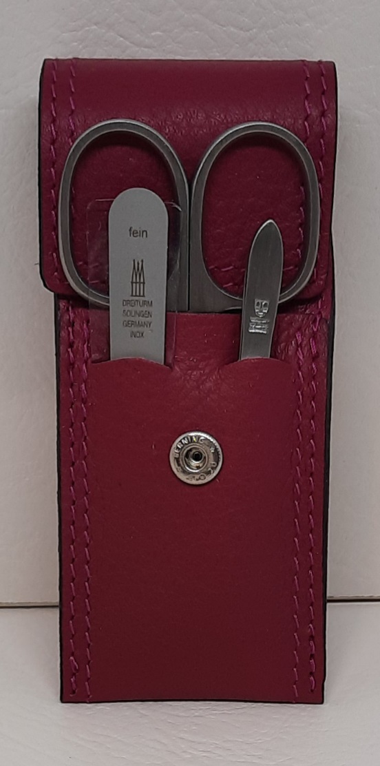 Nageletui Sangria pink Leder 3tlg. bestückt Turmschere,Pinzette,Stahlpfeile 