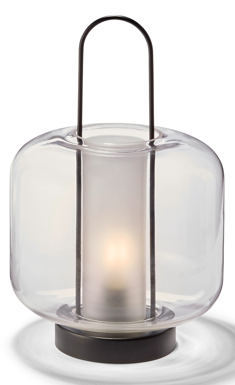 Laterne mit LED LUCIA bauchig, lackiert, Glas H34 mundgeblasenes Glas,LED warm mit zwei AAA-Batterie 