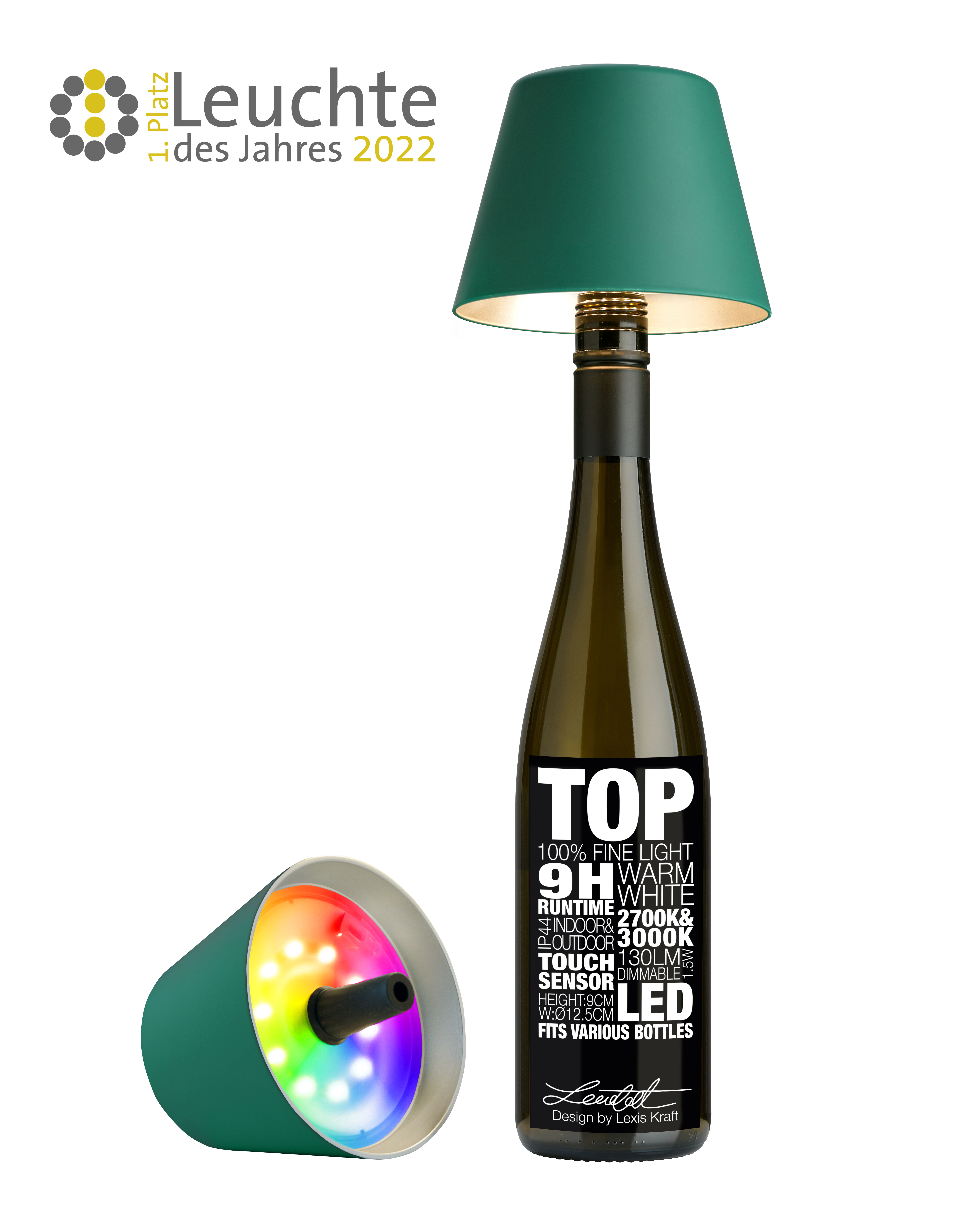 TOP 2.0 - GRÜN-Akku-Flaschenleuchte, Kunststoff, akkubetrieben, dimmbar, 12 Lichtfarben 