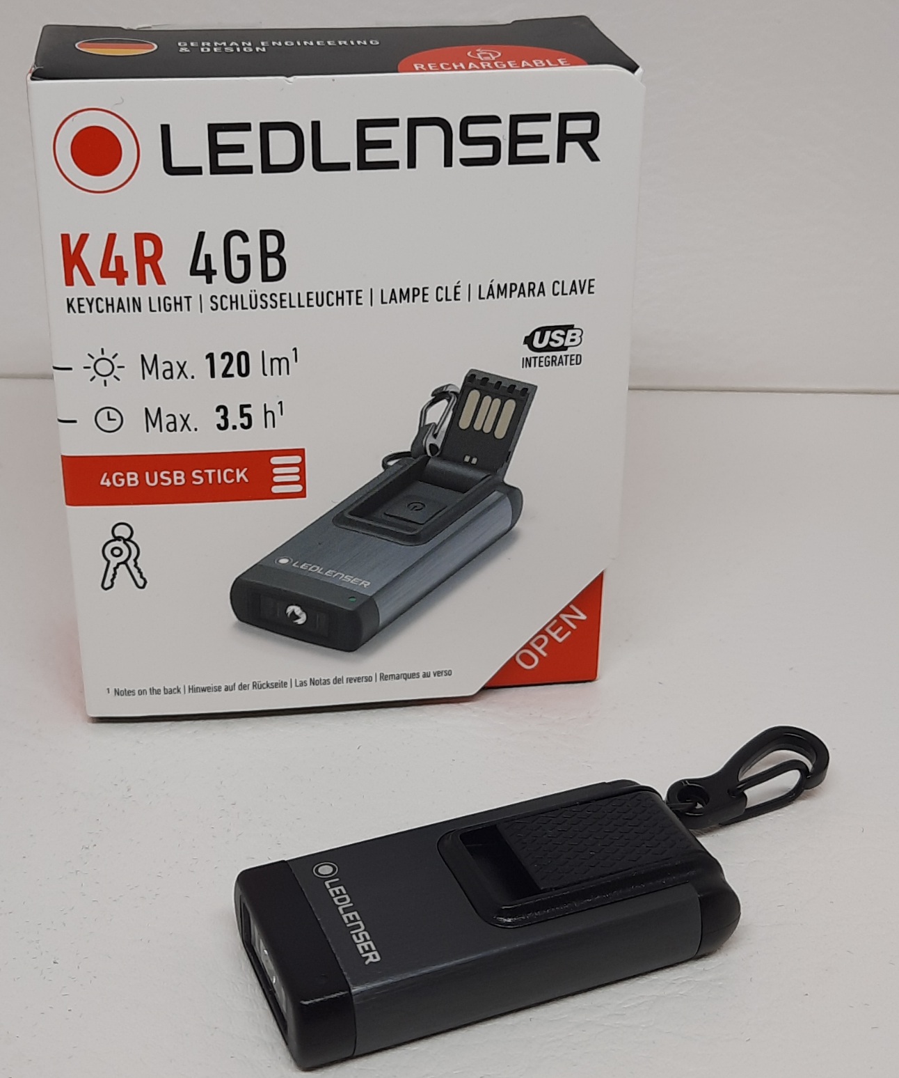 LedLenser K4R Gray Schlüsselbund Taschenlampe  120 Lumen, integriertem  USB Stick zum aufladen 